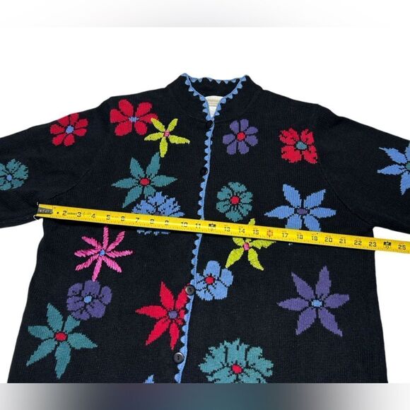 Coldwater Creek Black Knit Sweater Floral Embroidery Colorful Flowers Cardigan - Picture 5 of 6